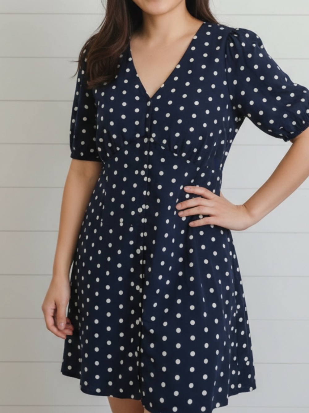 Gap Navy White Polka Dot Puff Sleeve V-Neck Dress XL